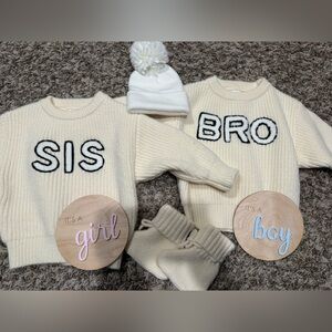 Cream wool Sibling Sweater Set for twins or gender reveal